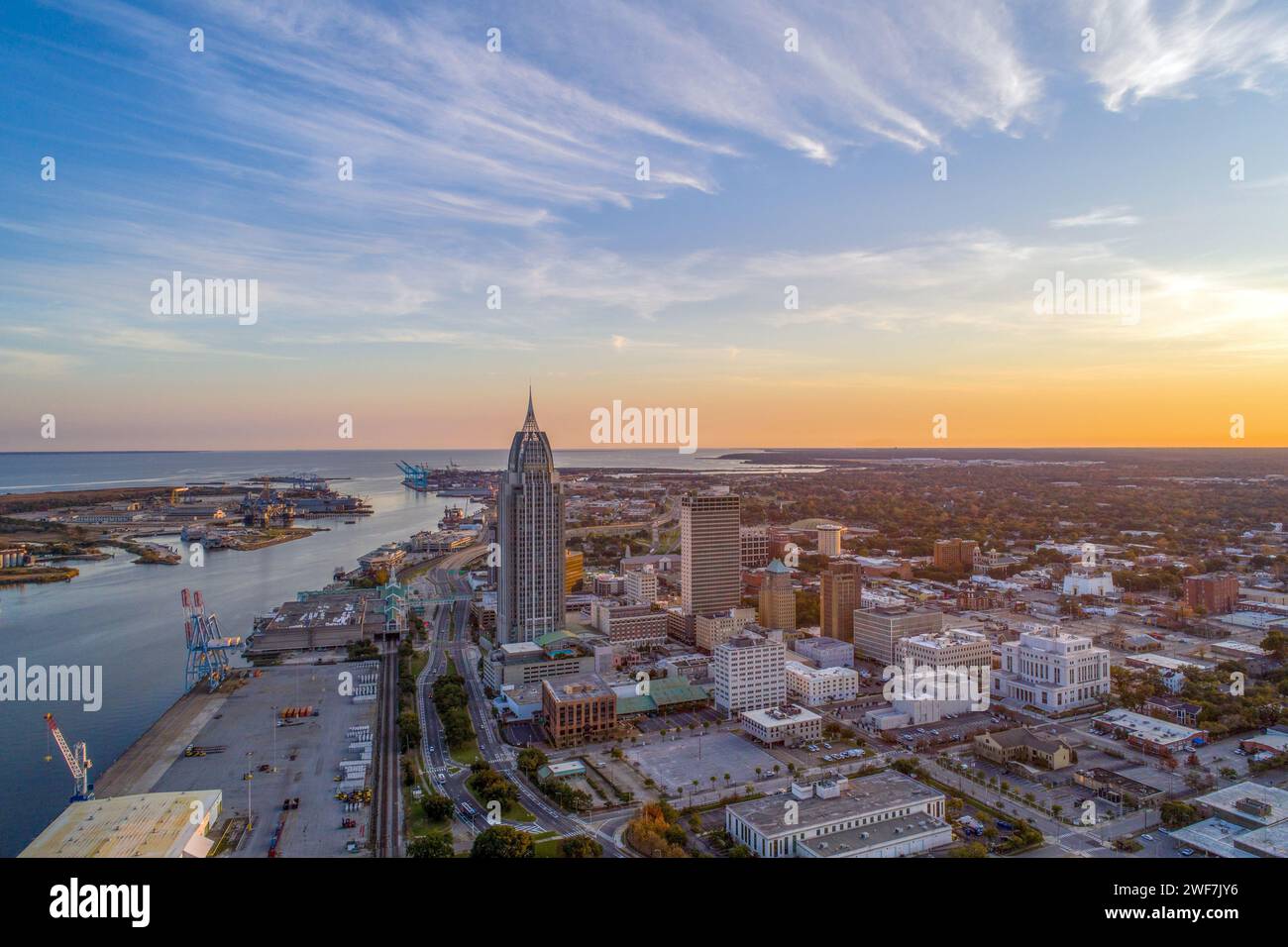 Aerial view of the downtown Mobile, Alabama waterfront at sunset Stock Photo Alamy