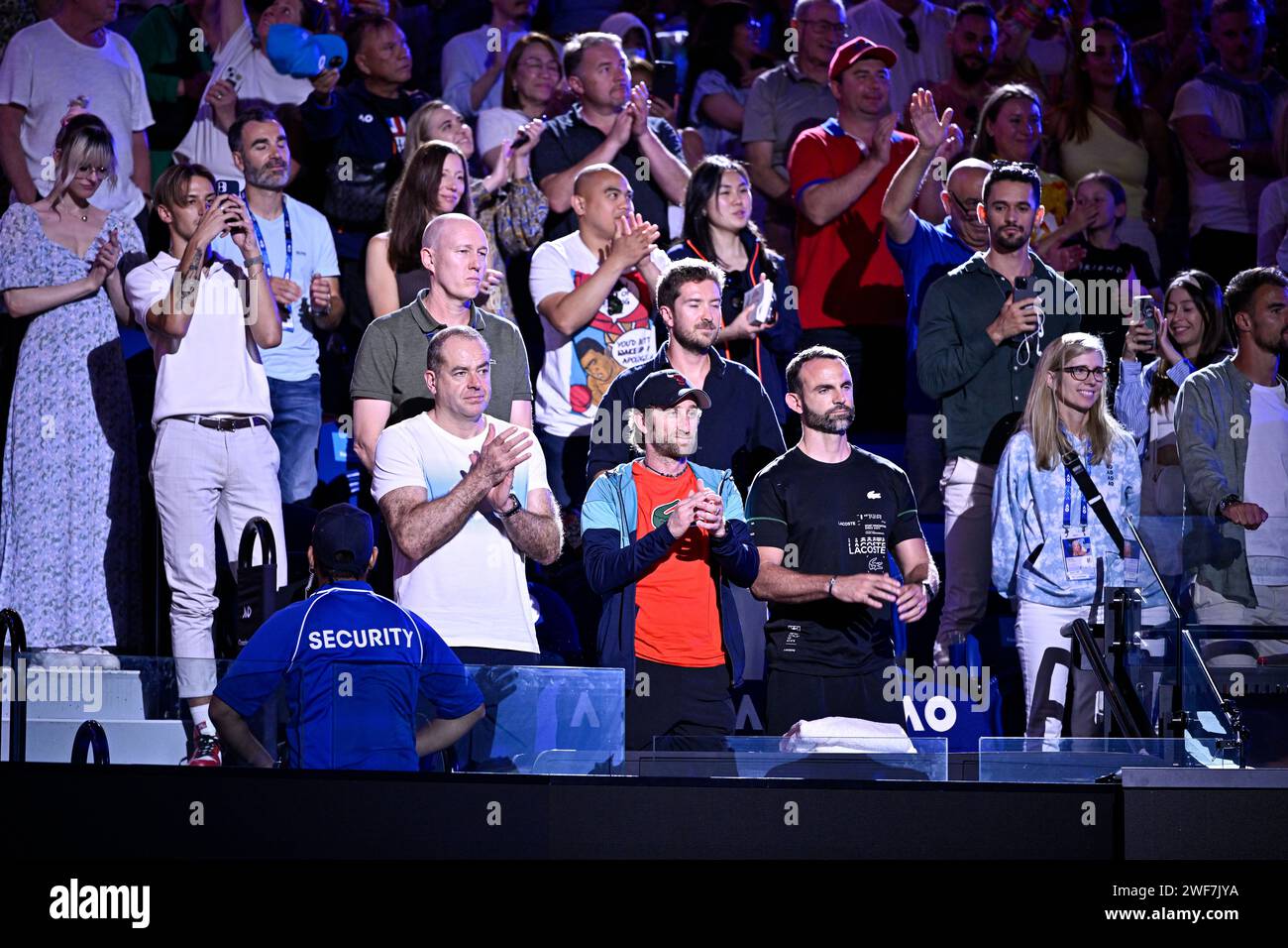 Coach of Daniil Medvedev Gilles Cervara Gaetan Baudet and Eric Hernandez during the Australian Open AO 2024 men's final Grand Slam tennis tournament on January 28, 2024 at Melbourne Park in Australia. Stock Photo