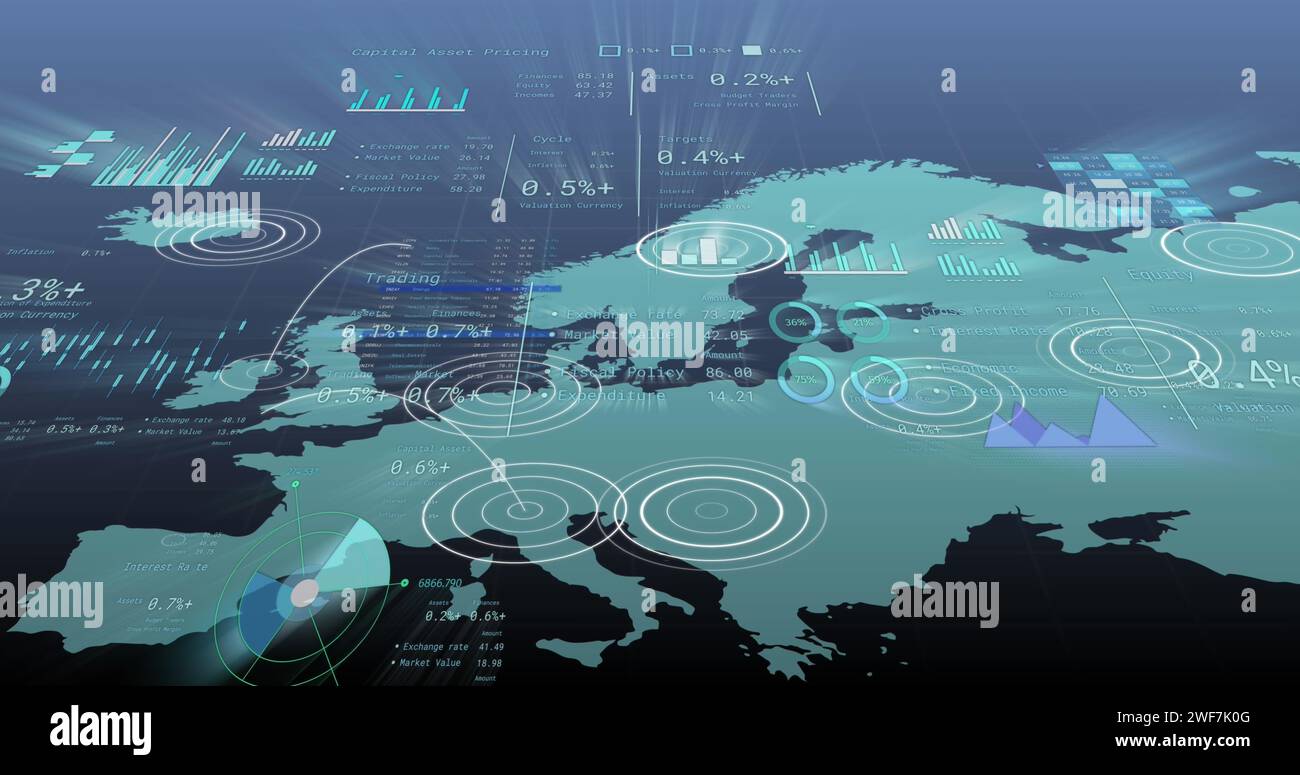 Image of financial data processing over world map Stock Photo - Alamy