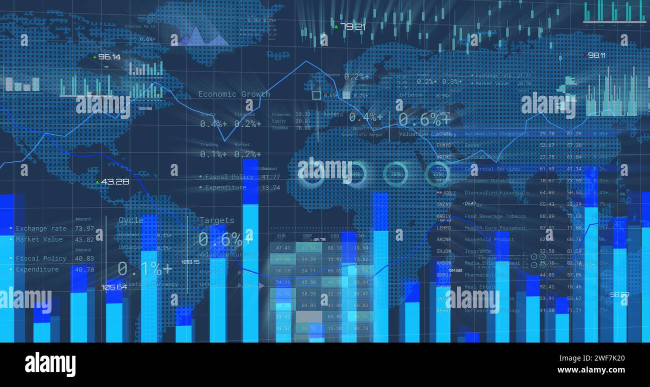 Image of financial data processing over world map Stock Photo - Alamy
