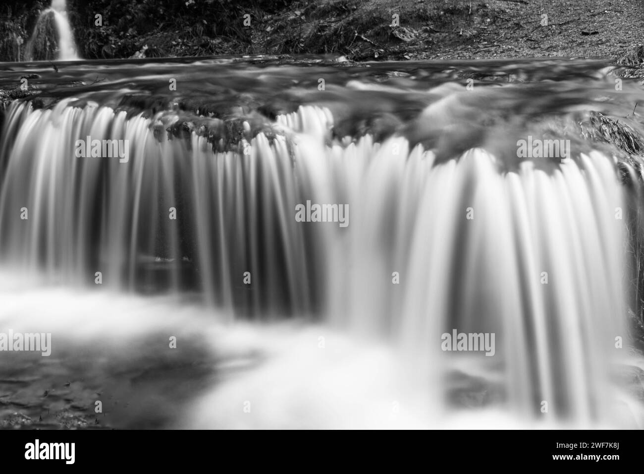 Rest area by an unnamed waterfall that flows into the Caban Coch reservoir, Elan Valley Wales UK. January 2024 Stock Photo