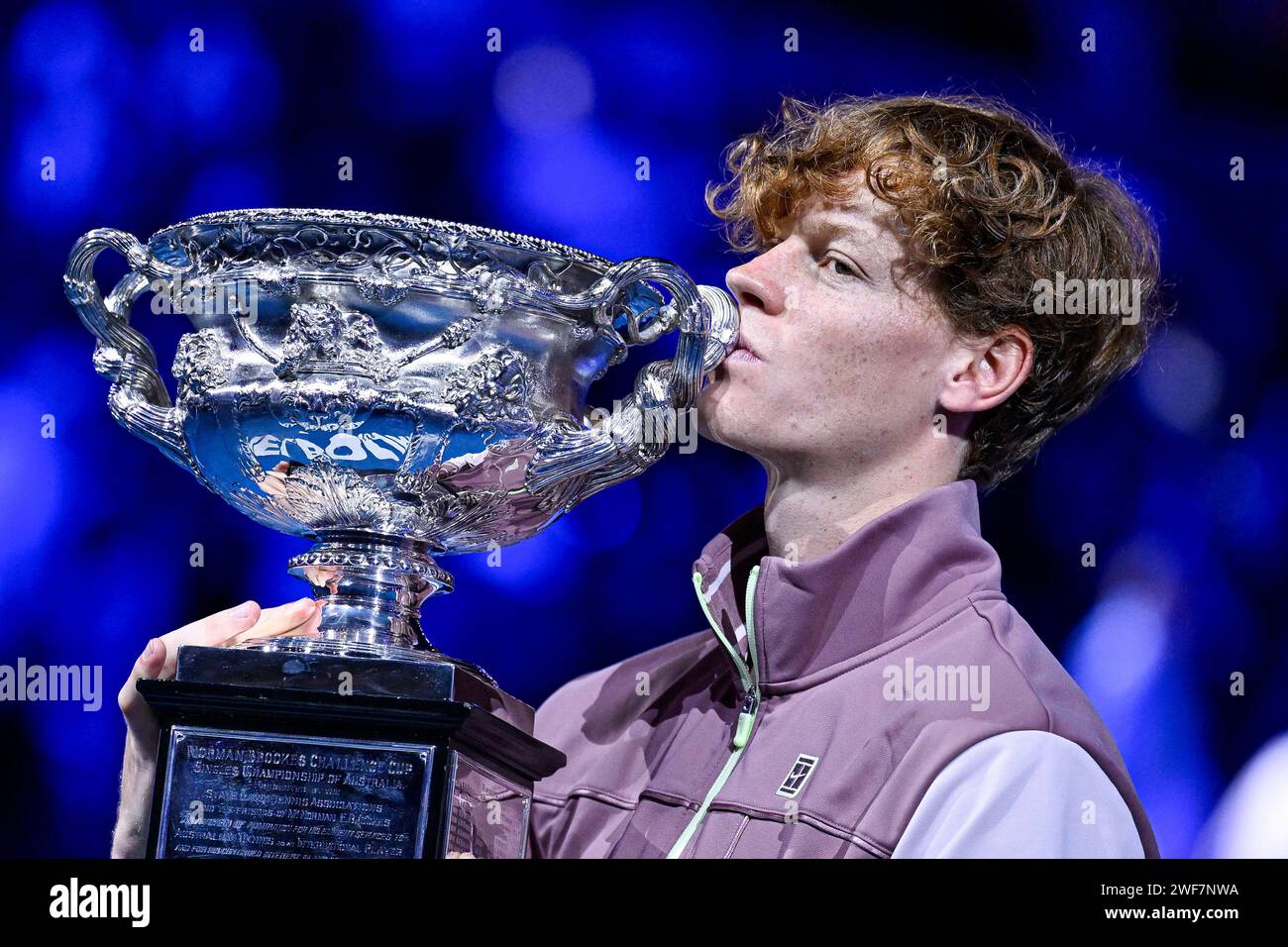 Melbourne, Australia. 28th Jan, 2024. Jannik Sinner of Italy with the Norman Brookes cup trophy during the Australian Open AO 2024 men's final Grand Slam tennis tournament on January 28, 2024 at Melbourne Park in Australia. Photo by Victor Joly/ABACAPRESS.COM Credit: Abaca Press/Alamy Live News Stock Photo