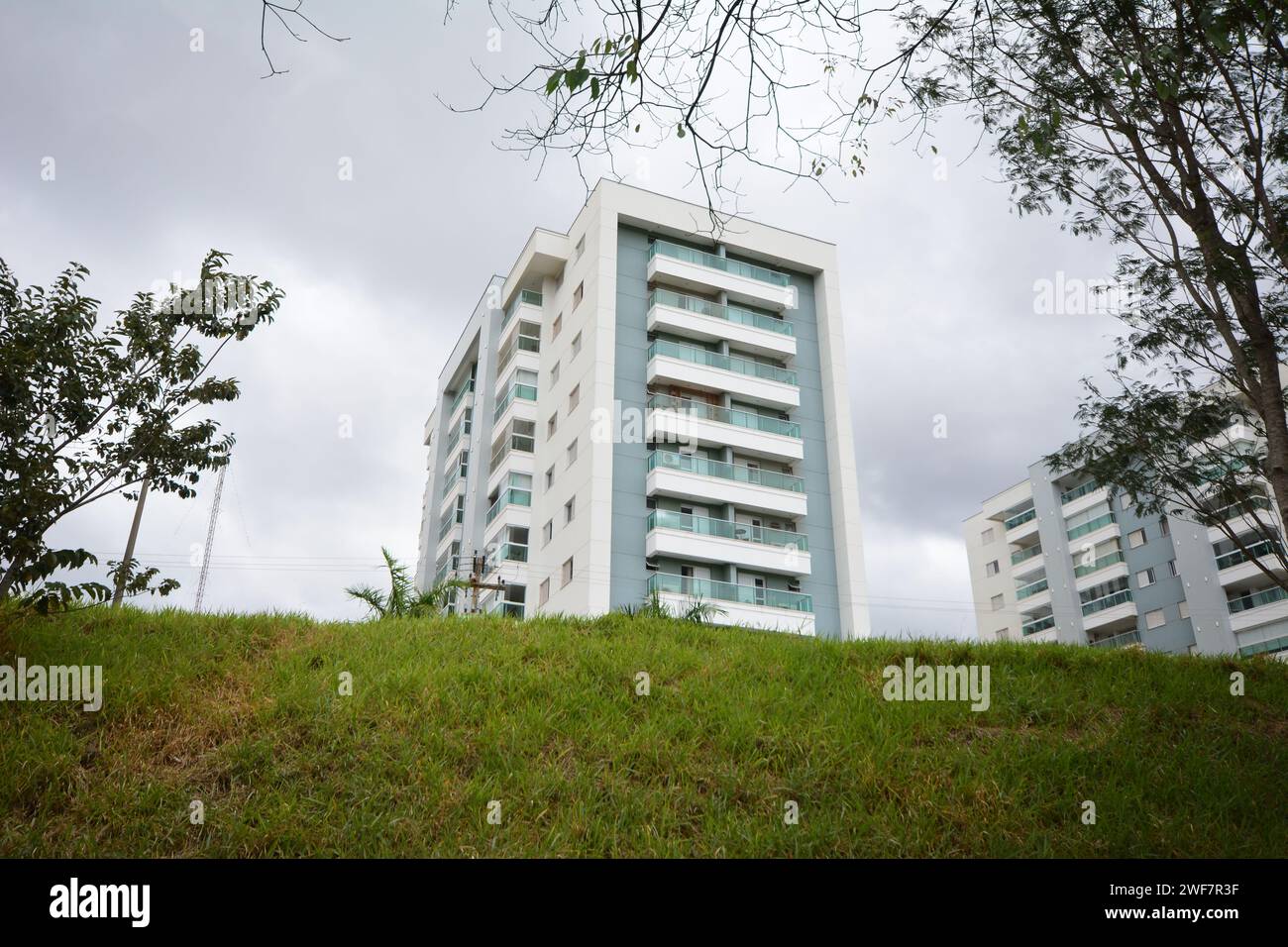 Apartment buildings set, cloudy sky, Brazil, South America, wide angle, bottom-up view Stock Photo