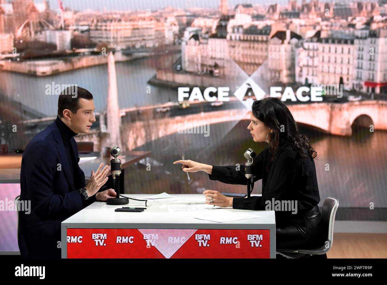 Jordan Bardella is interviewed by Apolline de Malherbe on RMC/BFMTV in