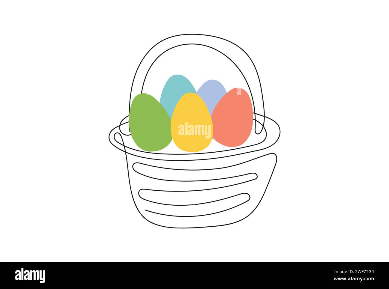 Wicker basket with colorful Easter eggs. Continuous one line drawing ...