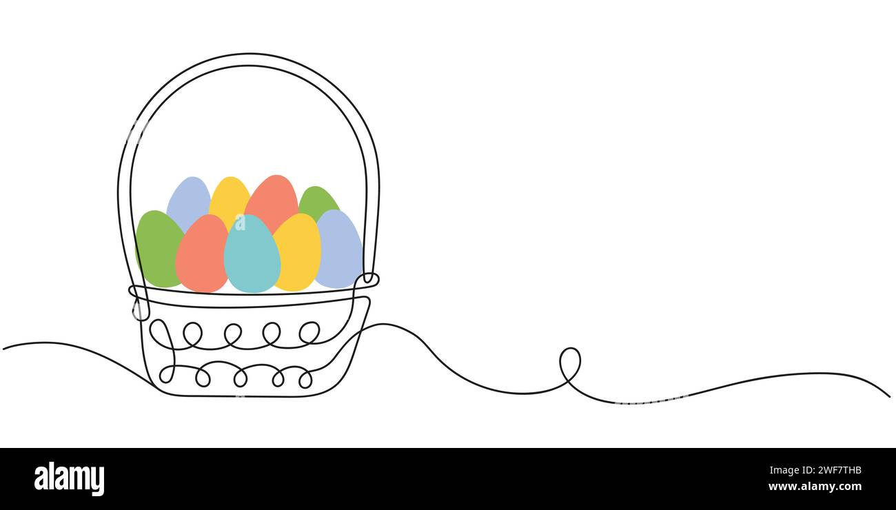 Wicker basket with colorful Easter eggs. Continuous one line drawing ...