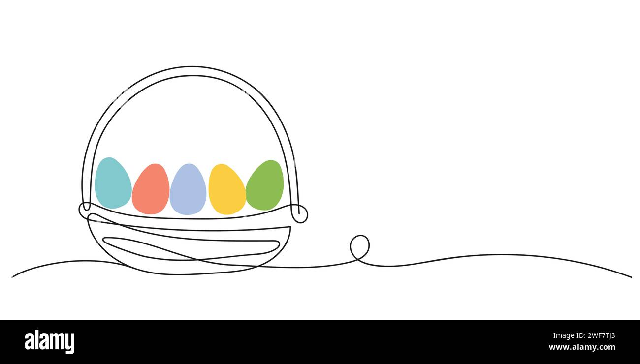 Wicker basket with colorful Easter eggs. Continuous one line drawing ...