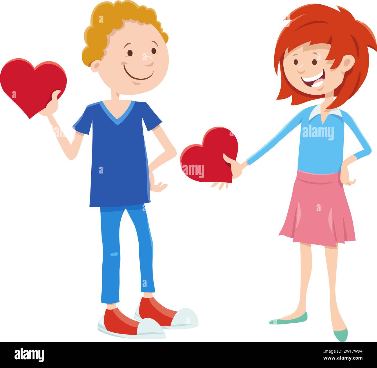 Cartoon illustration with girl and boy characters with cards on ...