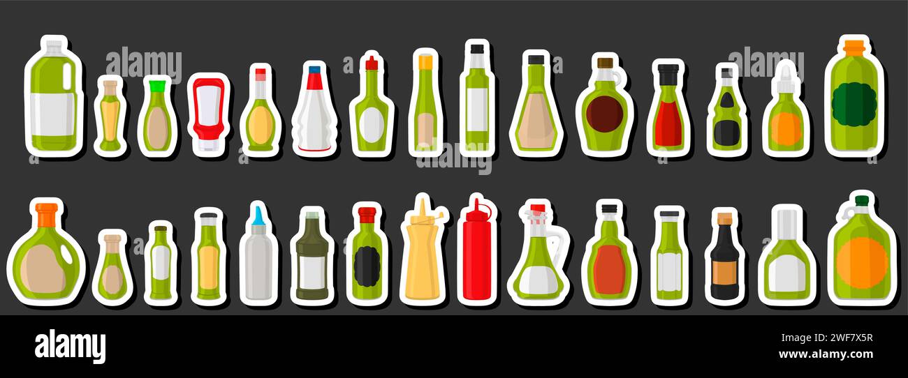 Illustration on theme big kit varied glass bottles filled thick sauce wasabi, bottles consisting from sauce wasabi, empty labels for titles, sauce was Stock Vector