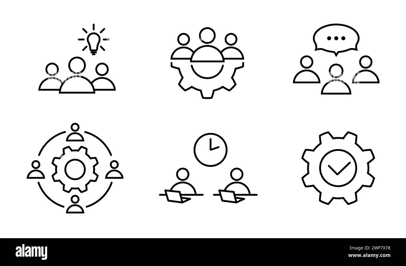 Teamwork with discussion, brainstorming icon set Stock Vector
