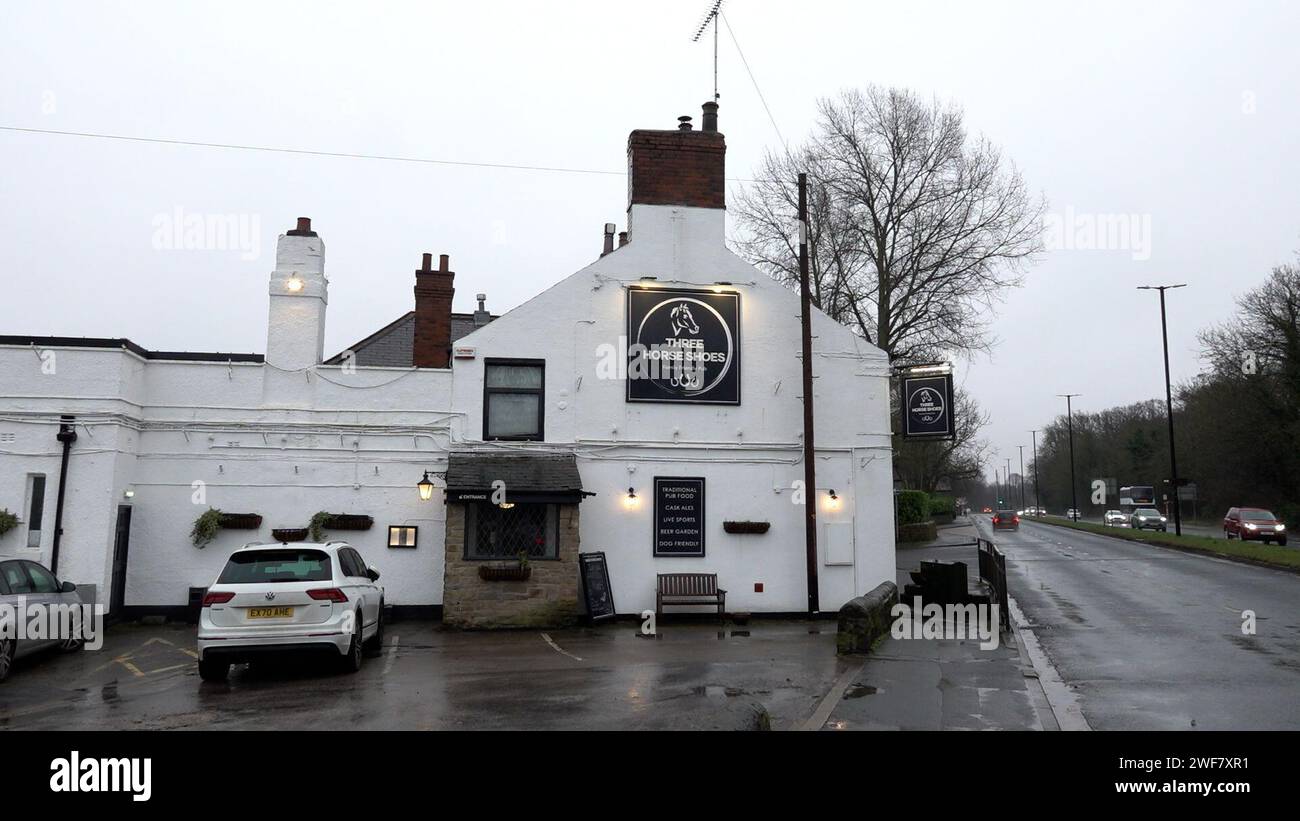 Screen grab taken from PA video of the Three Horseshoes pub in Oulton, Leeds, where a newborn baby was found dead in a pub toilet on Sunday afternoon. Police are urging the mother of the newborn to get medical help. Picture date: Monday January 29, 2024. Stock Photo