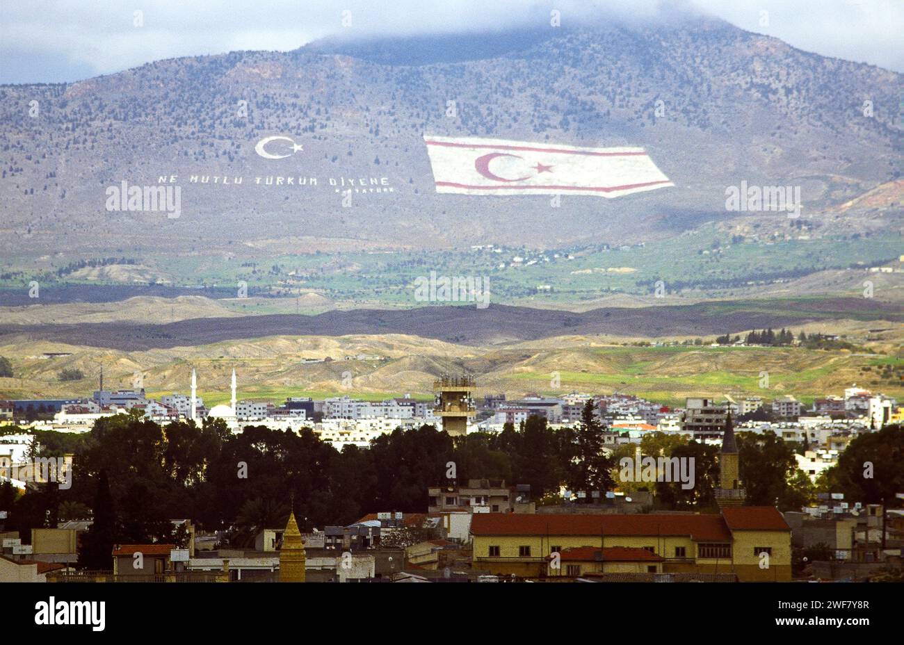 “I am proud to be a Turk” is written in huge letters on the mountain in the Turkish Cypriot part of Cyprus. Stock Photo