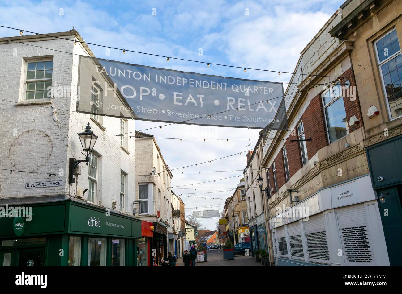 St James Street independent shopping quarter banner sign, Taunton, Somerset, England, UK Stock Photo