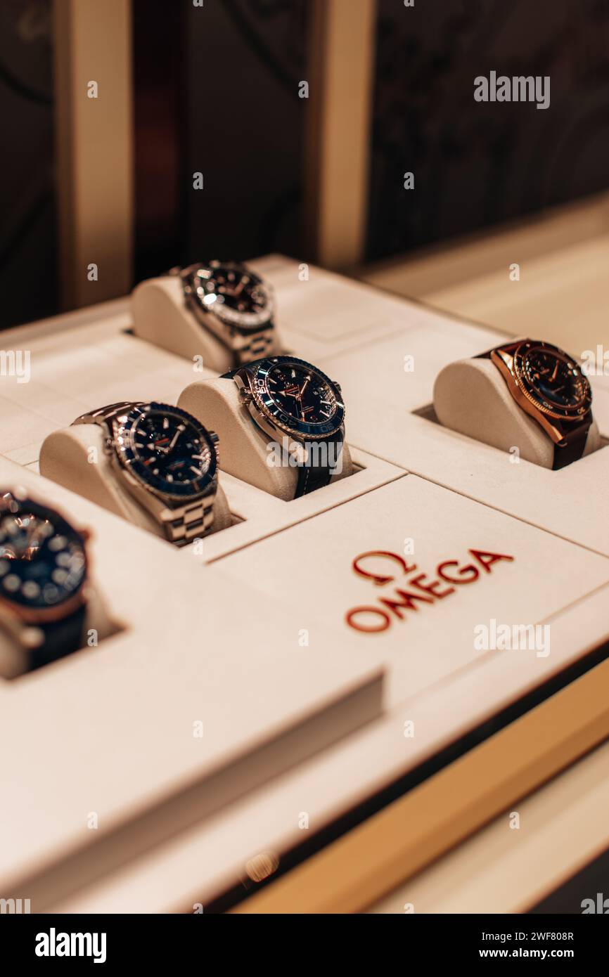 Collection of luxury Omega watches, famous brand shop window display in ...