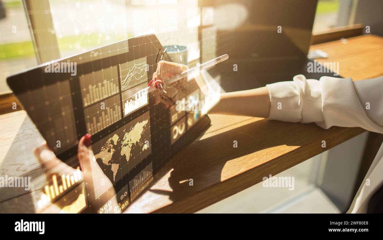 Virtual screen business intelligence dashboard, analytics and big data technology concept. Stock Photo