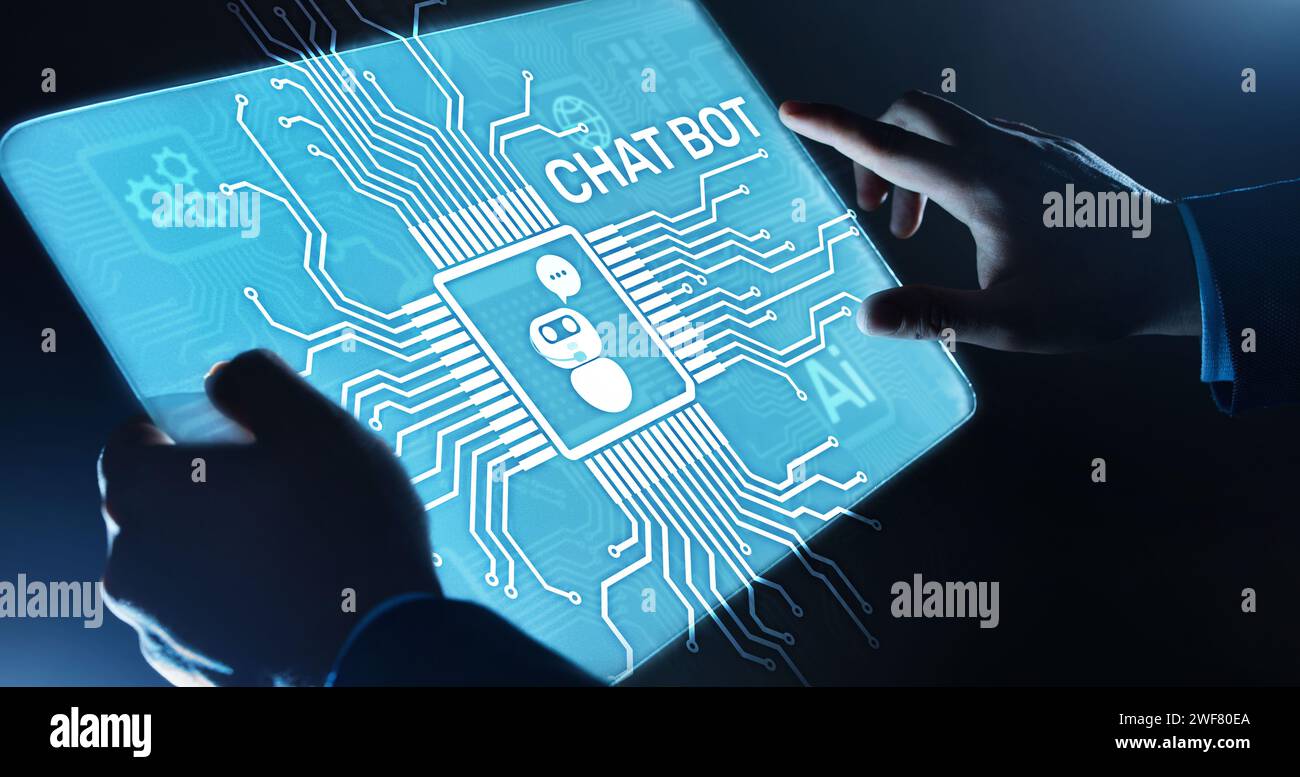 Chatbot computer program designed for conversation with human users over the Internet. Support and customer service automation technology concept. Stock Photo