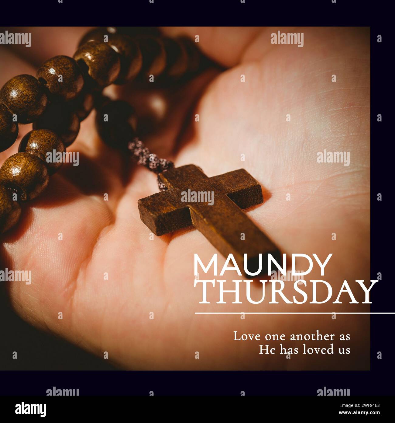 Composition of maundy thursday text over hand holding rosary Stock Photo