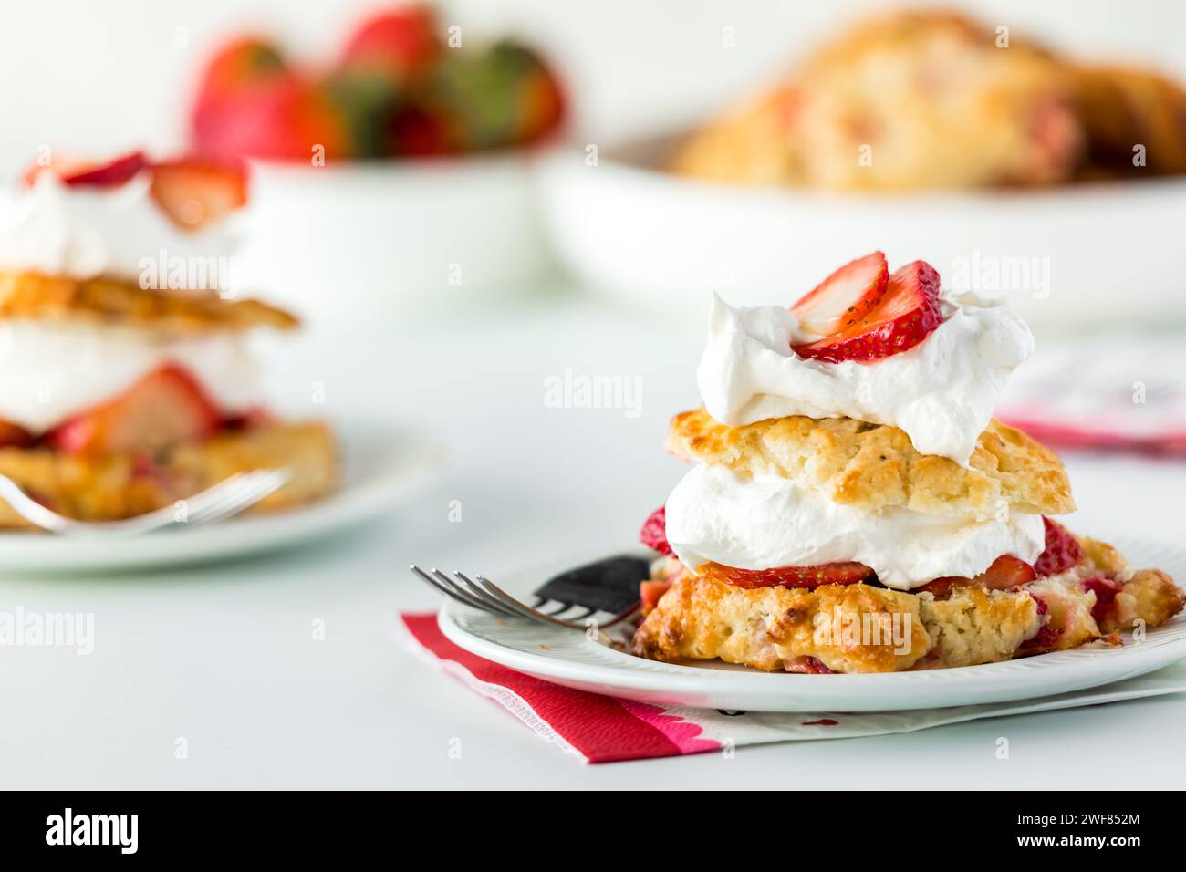 A serving of fresh homemade strawberry shortcake, ready for eating ...