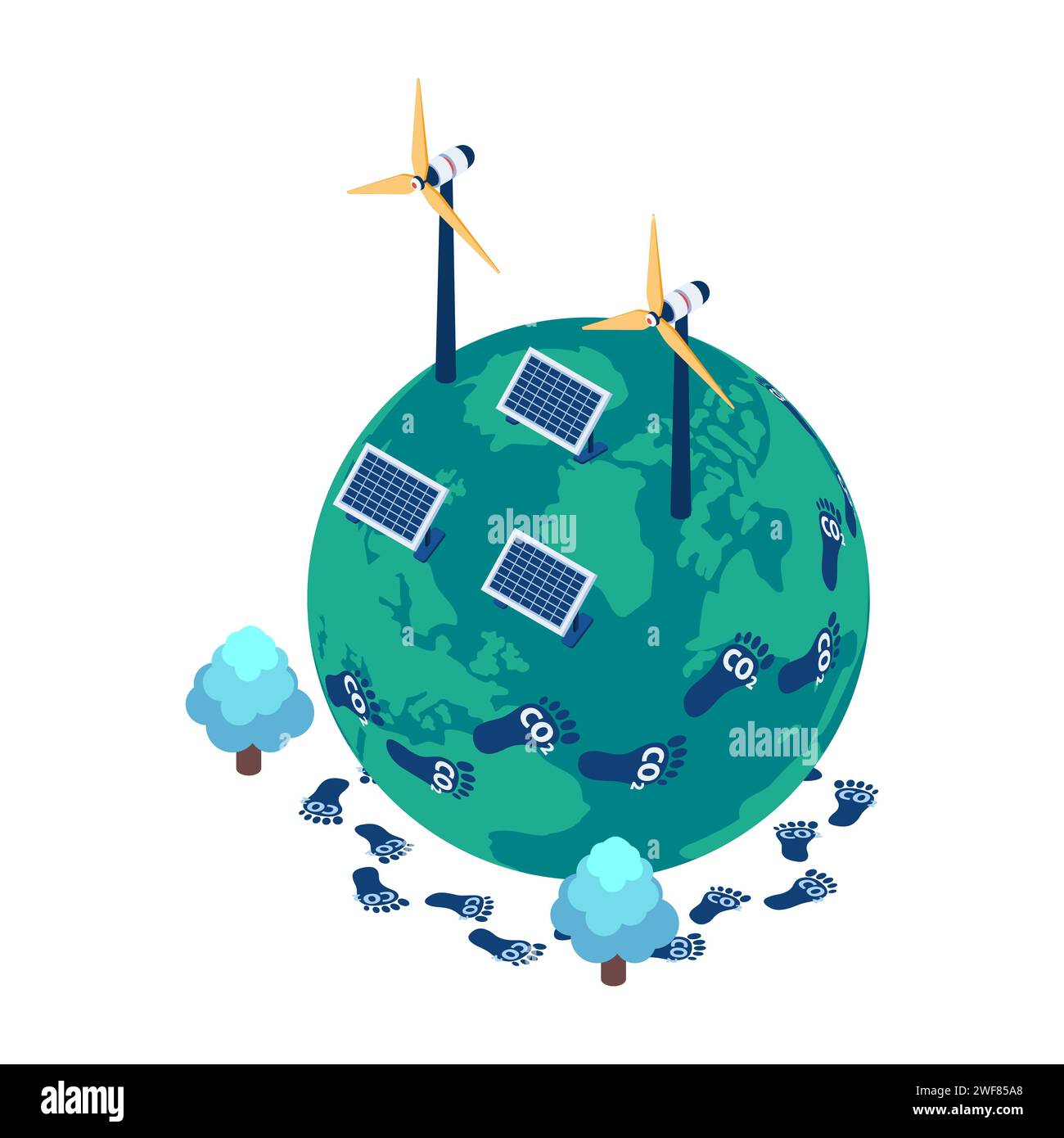 Flat 3d Isometric World with Carbon Footprint and Renewable Energy. Reduce Carbon Emissions and Climate Change Concept Stock Vector