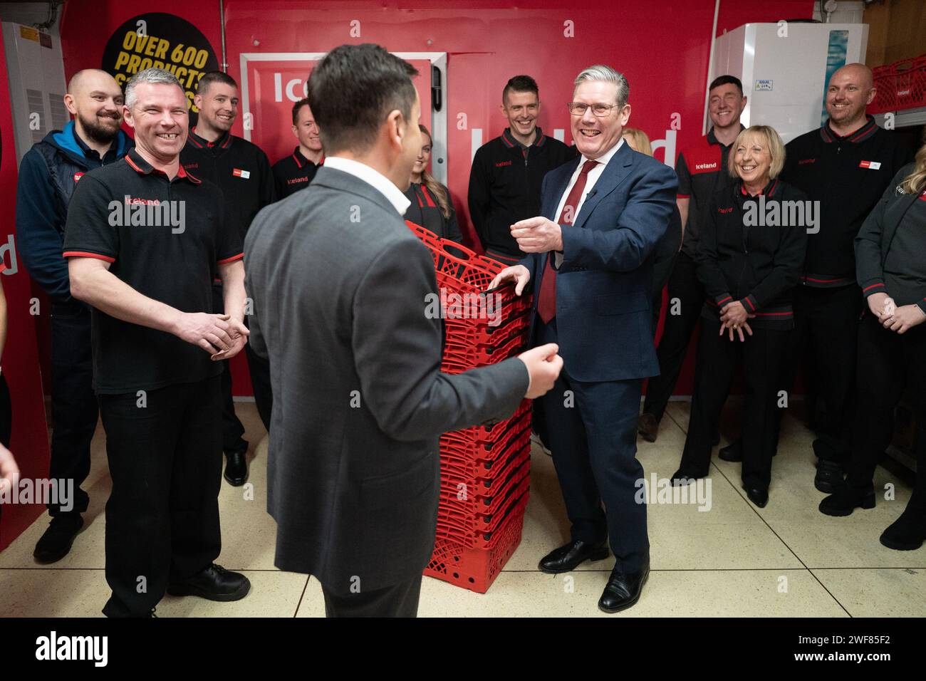 Labour leader Sir Keir Starmer meets staff with executive chairman of Iceland supermarket, Richard Walker, during a visit to an Iceland store in Warrington. Mr Walker has given his backing to Labour, saying the party was the 'right choice' for business and voters. Picture date: Monday January 29, 2024. Stock Photo