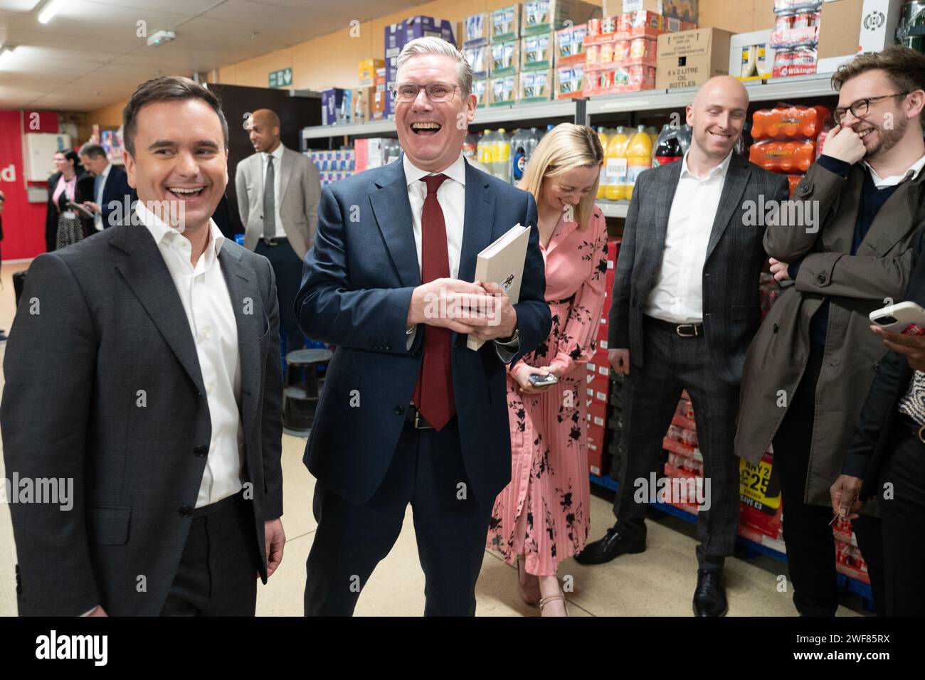 Labour leader Sir Keir Starmer (right) tours an Iceland supermarket in Warrington with executive chairman of the food chain, Richard Walker (left). Mr Walker has given his backing to Labour, saying the party was the 'right choice' for business and voters. Picture date: Monday January 29, 2024. Stock Photo