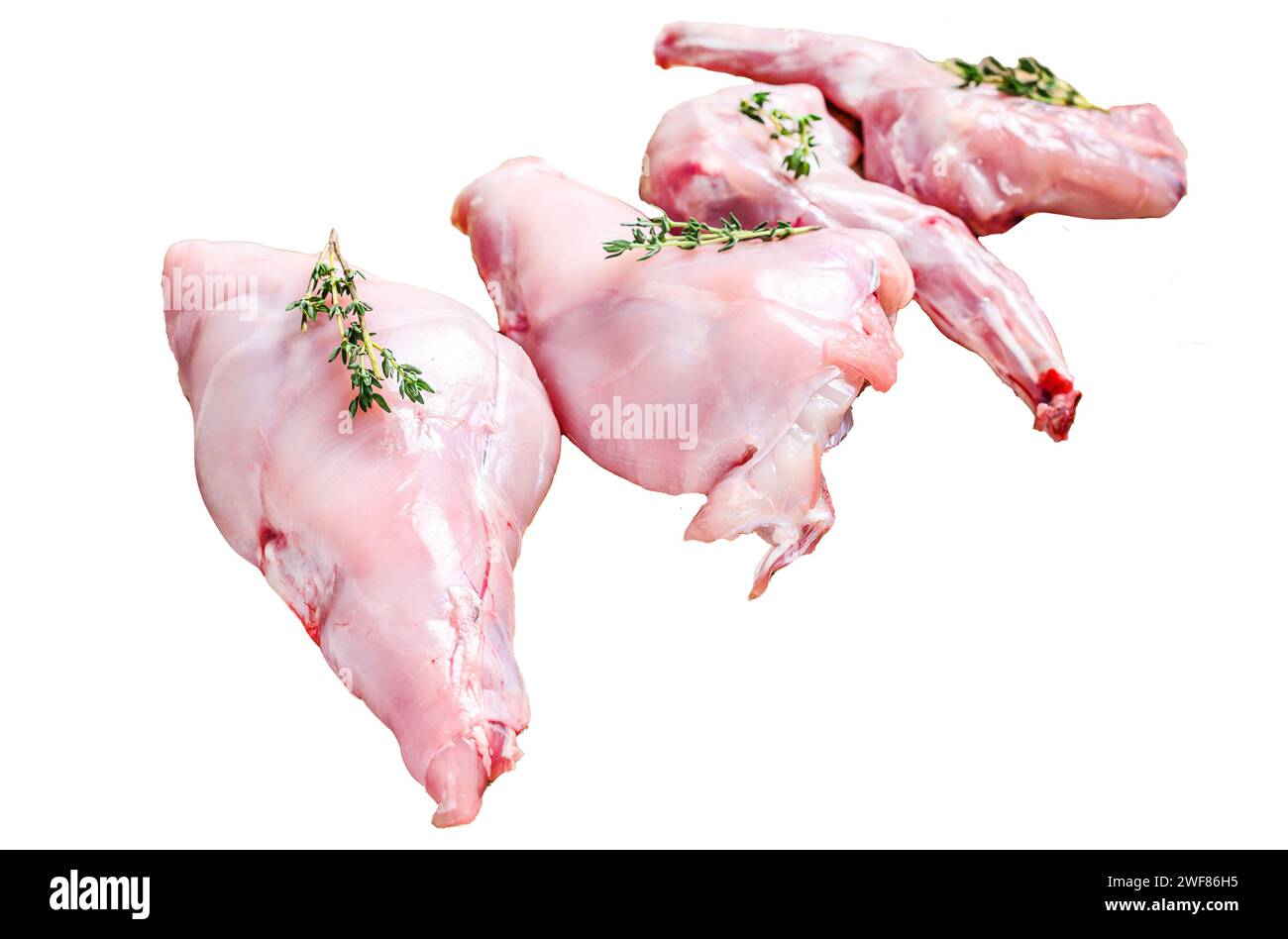 Raw rabbit legs Isolated on white background. Top view Stock Photo