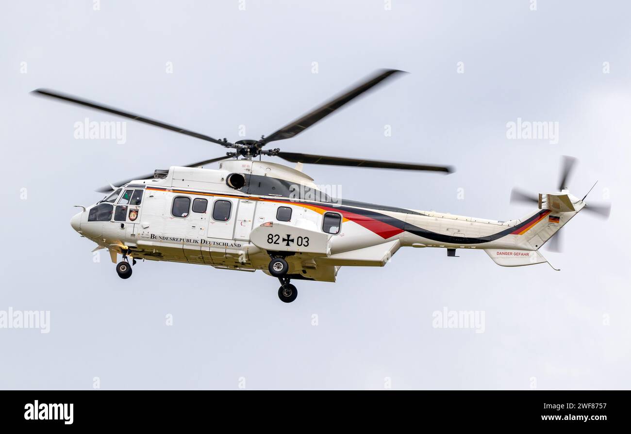 German Air Force Eurocopter-Airbus AS532U2 (H215M) Cougar helicopter arriving at Jagel Air Base. Schleswig-Jagel, Germany - June 16, 2023 Stock Photo