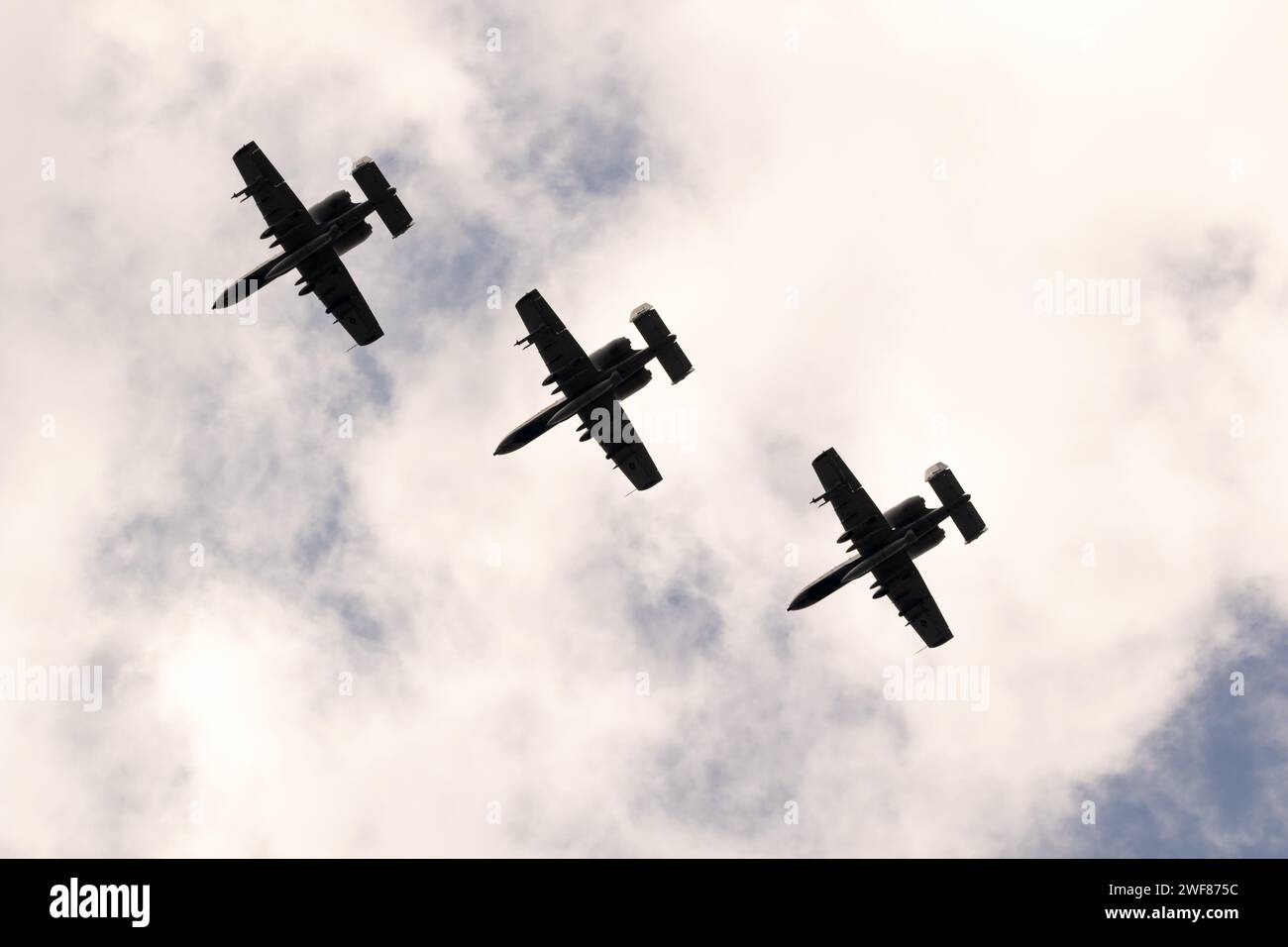 US Air Force A-10C Thunderbolt II attack aircraft in formation over Jagel Airbase for NATO exercise Air Defender 2023. Jagel, Germany - June 16, 2023 Stock Photo