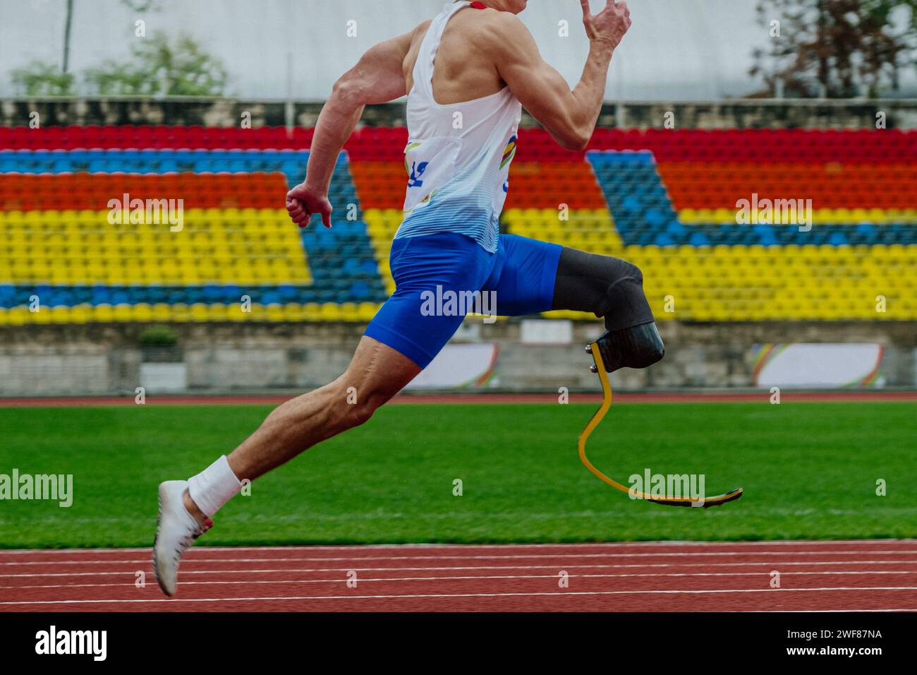male runner sprinter on prosthesis running stadium track, disabled athlete para athletics competition Stock Photo