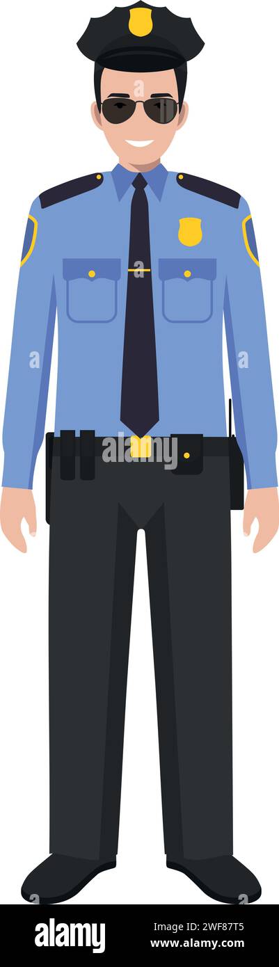 Standing American Policeman Officer in Traditional Uniform Character Icon in Flat Style. Stock Vector