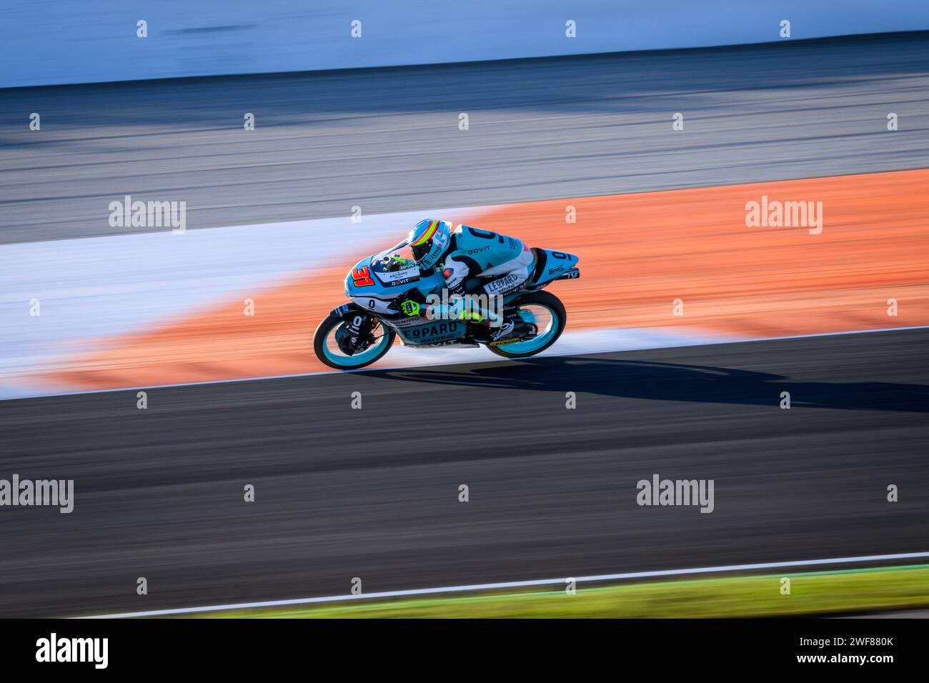 Spanish Moto3 rider Adrian Fernandez during the race at the Motul Comunidad Valenciana Grand Prix in Cheste, Valencia, Spain. November 2023. Stock Photo