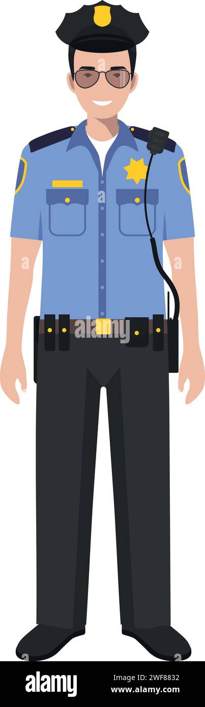 Standing American Policeman Officer in Traditional Uniform Character Icon in Flat Style. Stock Vector