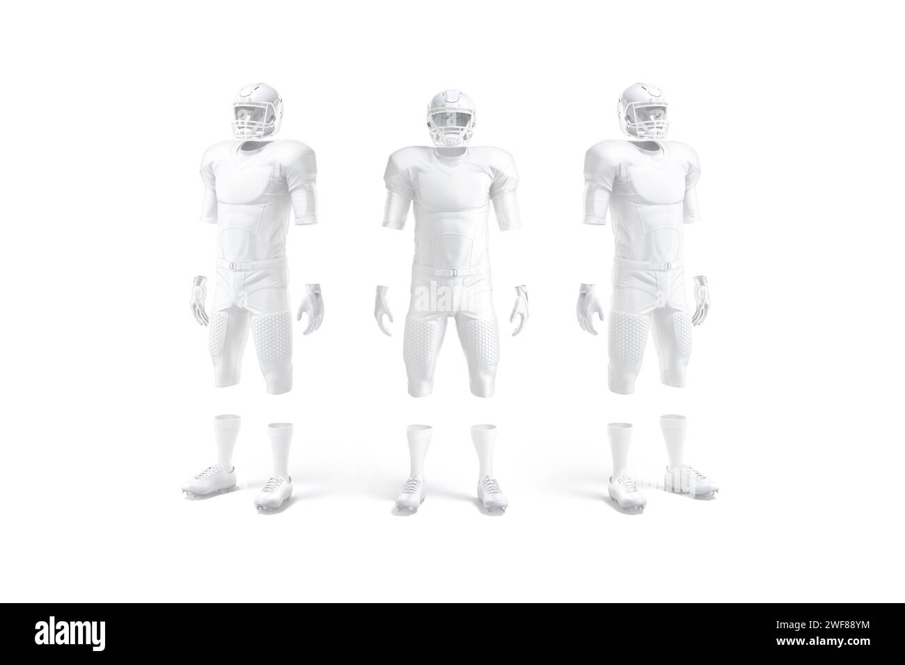 Blank white american football uniform mockup, front and side view, 3d rendering. Empty professional footballer suit mock up, isolated. Clear sporty ar Stock Photo