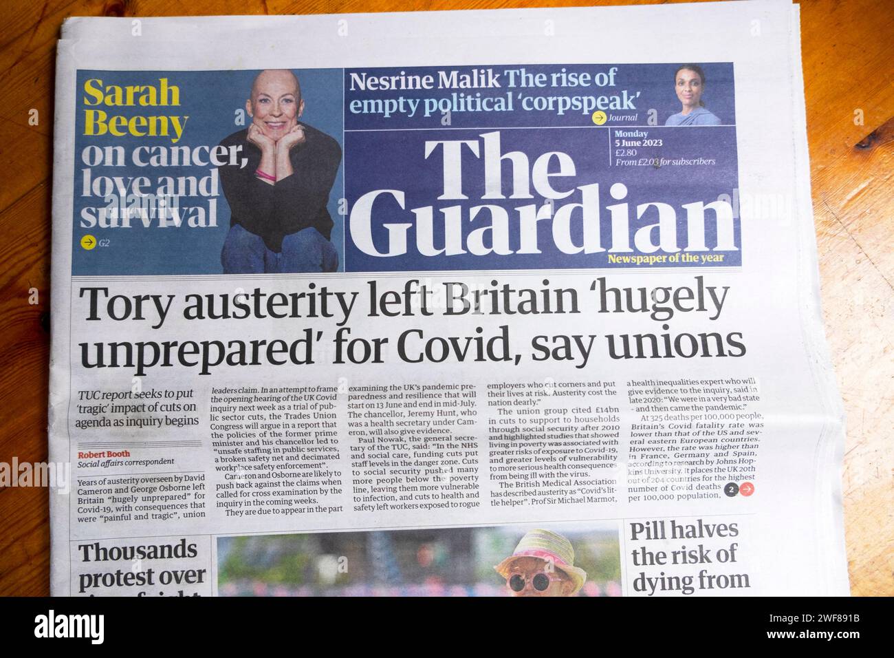 'Tory austerity left Britain 'hugely unprepared' for Covid, says unions' Guardian newspaper headline front page pandemic article 5 June 2023 London UK Stock Photo