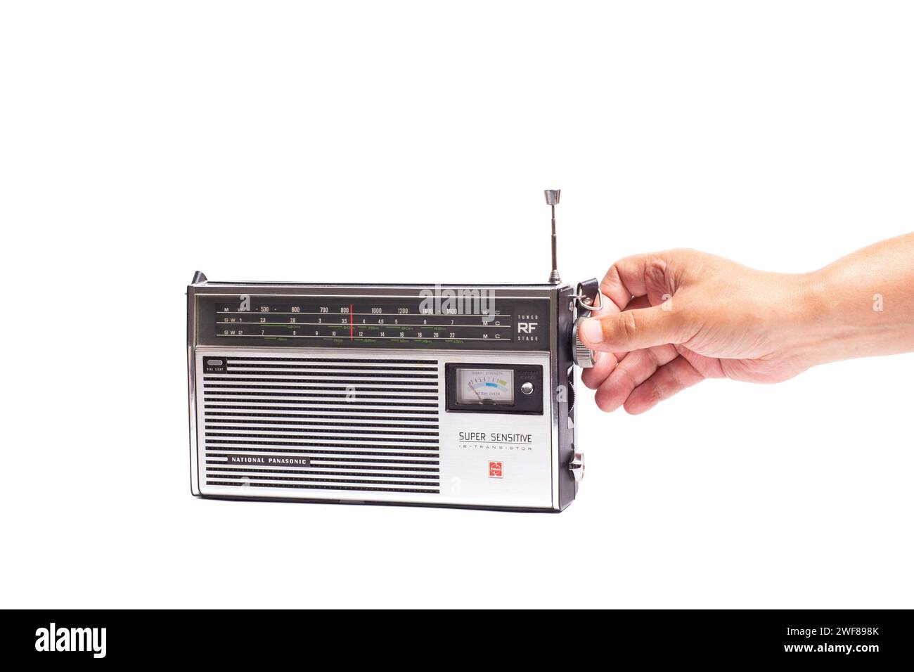National Panasonic,super sensitive radio receiver with hand tuning radio receiver button Stock Photo