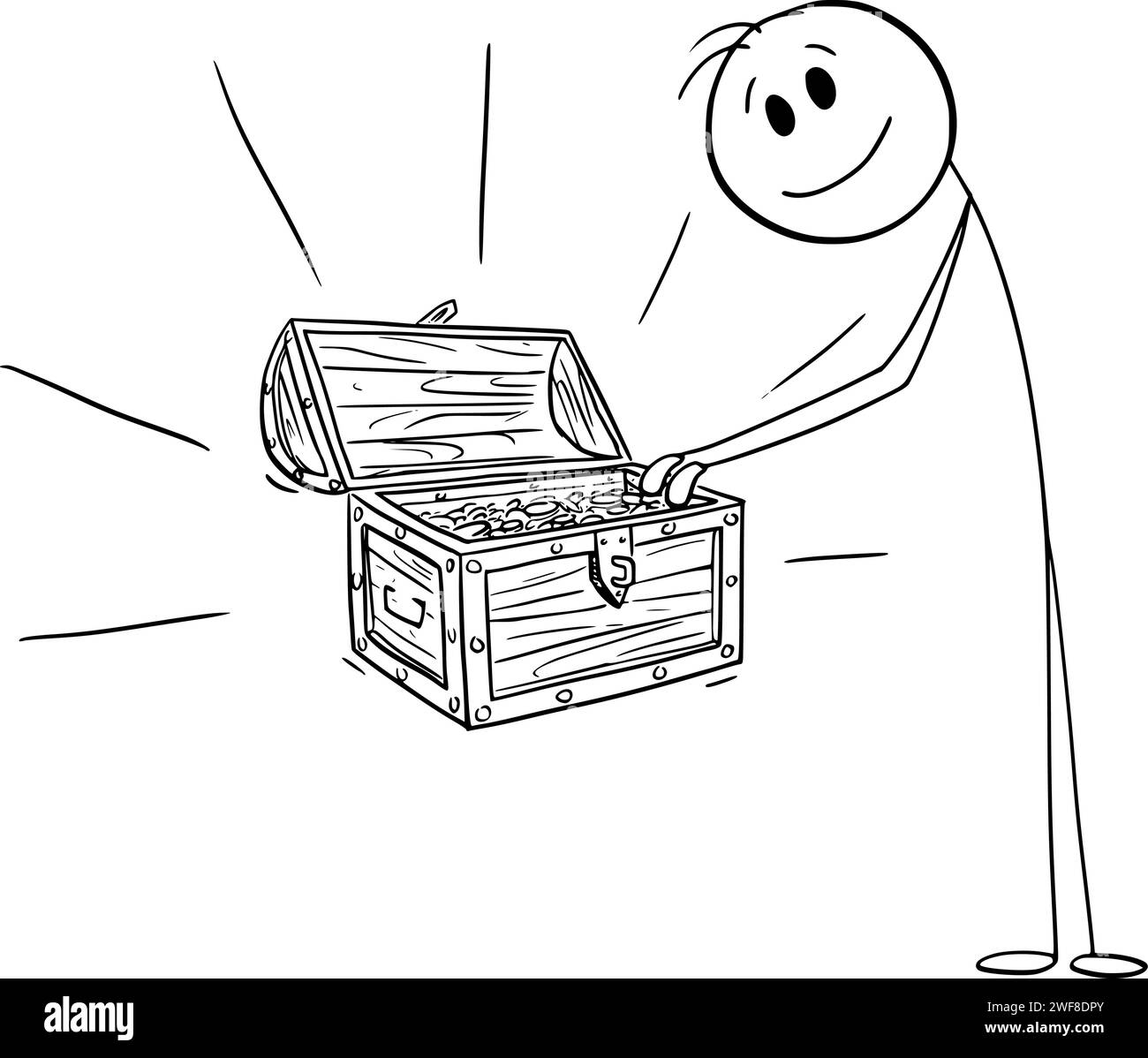 Person or Businessman and Treasure Chest of gold , Vector Cartoon Stick