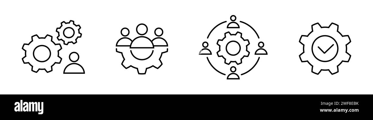 Work process and teamwork with brainstorming line icon set in flat. Success and man in process with cog icons. Meeting symbols on white background. Si Stock Vector