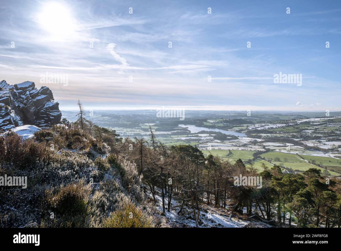 Panoramic winter view of Tittesworth Reservoir from The Roaches in the Peak District National Park, UK. Stock Photo