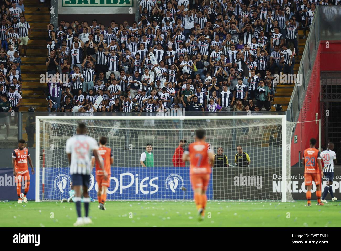 Alianza Lima fans during the Liga 1 match between Alianza de Lima and Cesar Vallejo played at Nacional Stadium on January 28, 2024 in Lima, Peru. (Photo by Miguel Marrufo / PRESSINPHOTO) Stock Photo