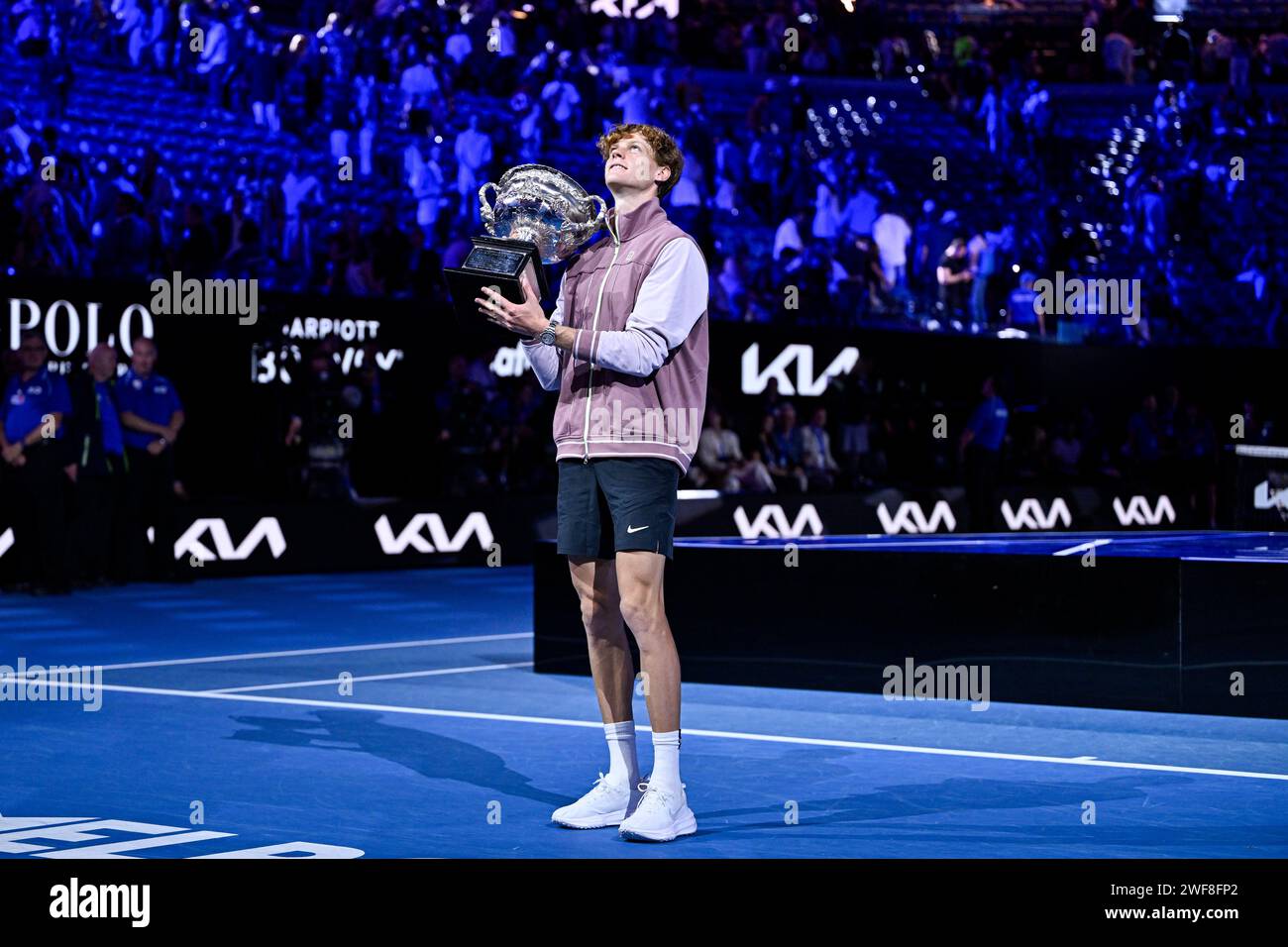 Jannik Sinner of Italy with the Norman Brookes cup trophy during the Australian Open AO 2024 men's final Grand Slam tennis tournament on January 28, 2024 at Melbourne Park in Australia. Stock Photo