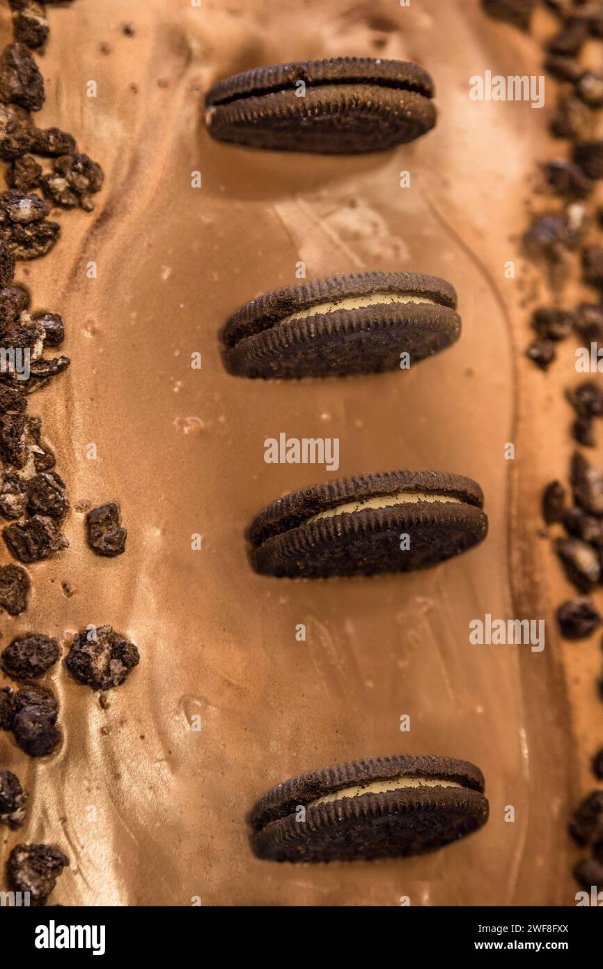 Close up view of ice cream flavor cookie sandwich. Soft focus Stock Photo