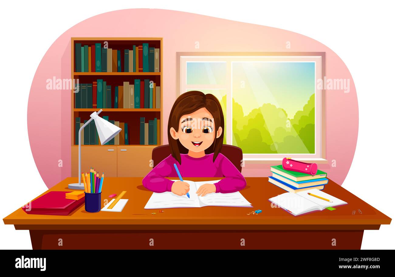 Cartoon girl makes a homework. Cheerful pupil studying a lesson. Joyful student diligently tackles tasks, immersed in her studies with a bright smile, showcasing enthusiasm and commitment to learning Stock Vector