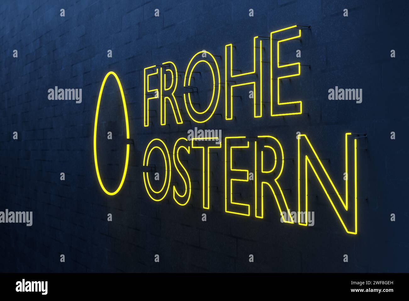 German text 'Frohe Ostern' (Happy Easter) neon sign with an egg against a white brick wall lit in blue Stock Photo
