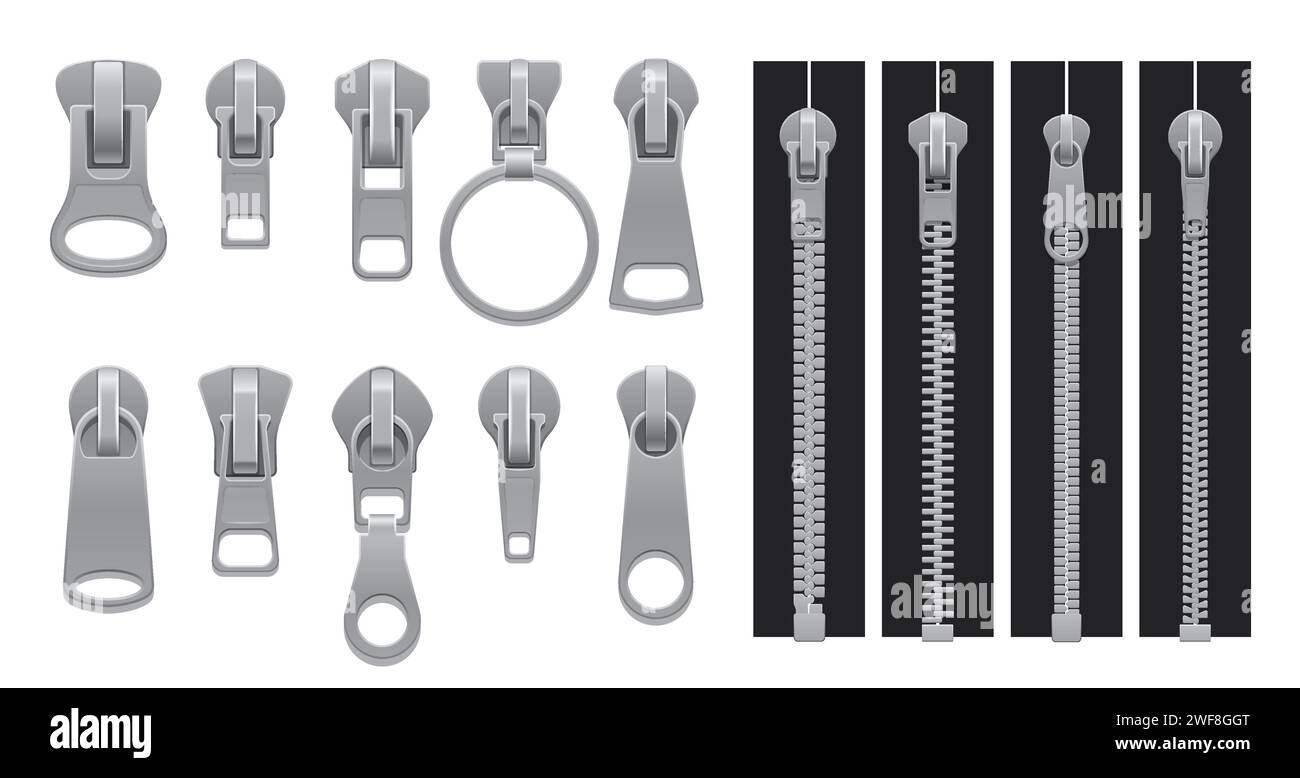 Realistic zipper, metal zip isolated 3d vector set. Fastening pulling