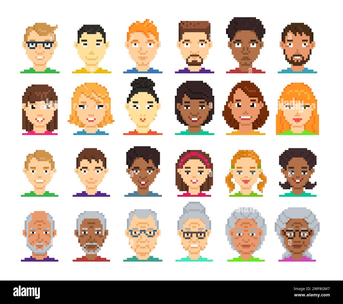 Avatar pixel characters, elderly seniors and kids, men and women, boys ...