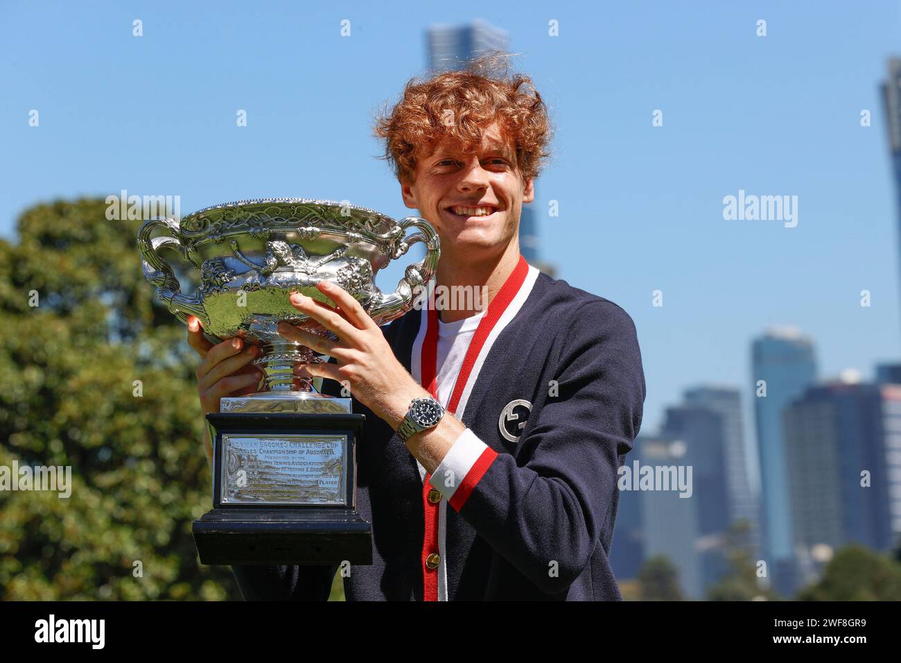 29th January 2024: Melbourne, Australia:  Jannik Sinner of Italy poses with the Norman Brookes Challenge Cup after winning the 2024 Australian Mens Open Final, in the Royal Botanic Gardens on January 29, 2024 in Melbourne, Australia Stock Photo