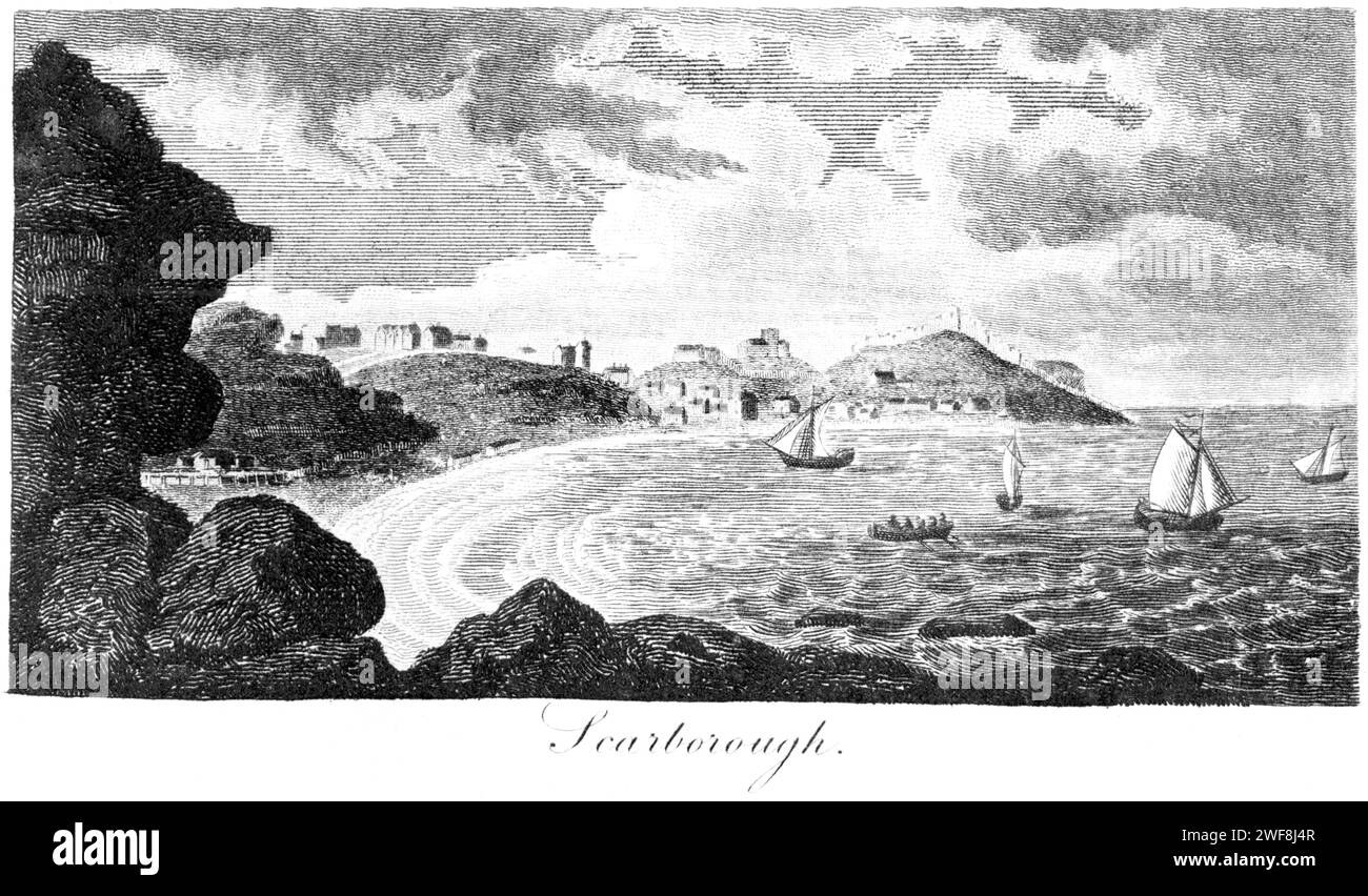 An engraving of Scarborough, Yorkshire UK scanned at high resolution from a book printed in 1806. This image is believed to be free of all copyright. Stock Photo