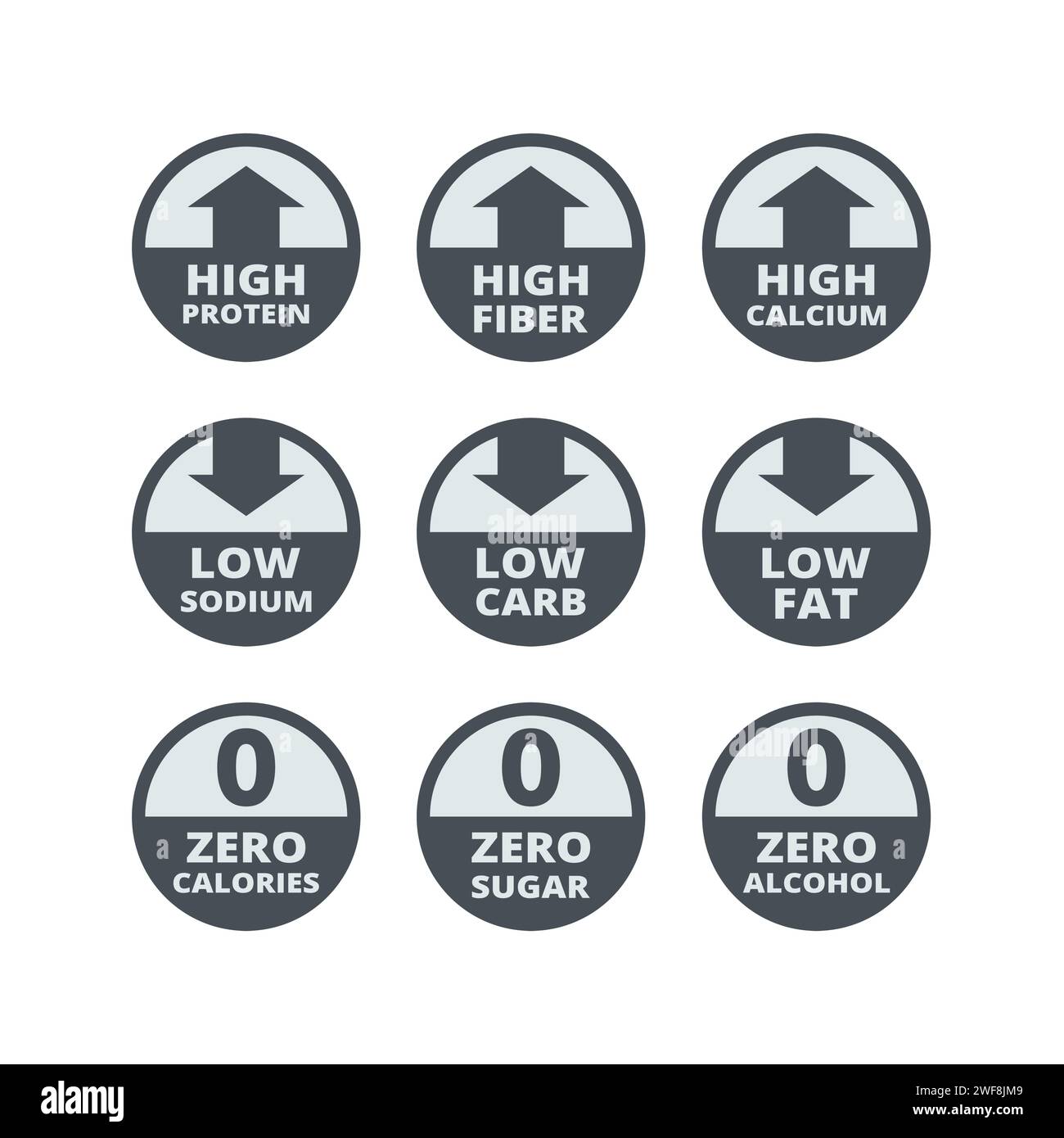 High protein, fiber and low sugar vector labels. Zero alcohol and calories label set Stock