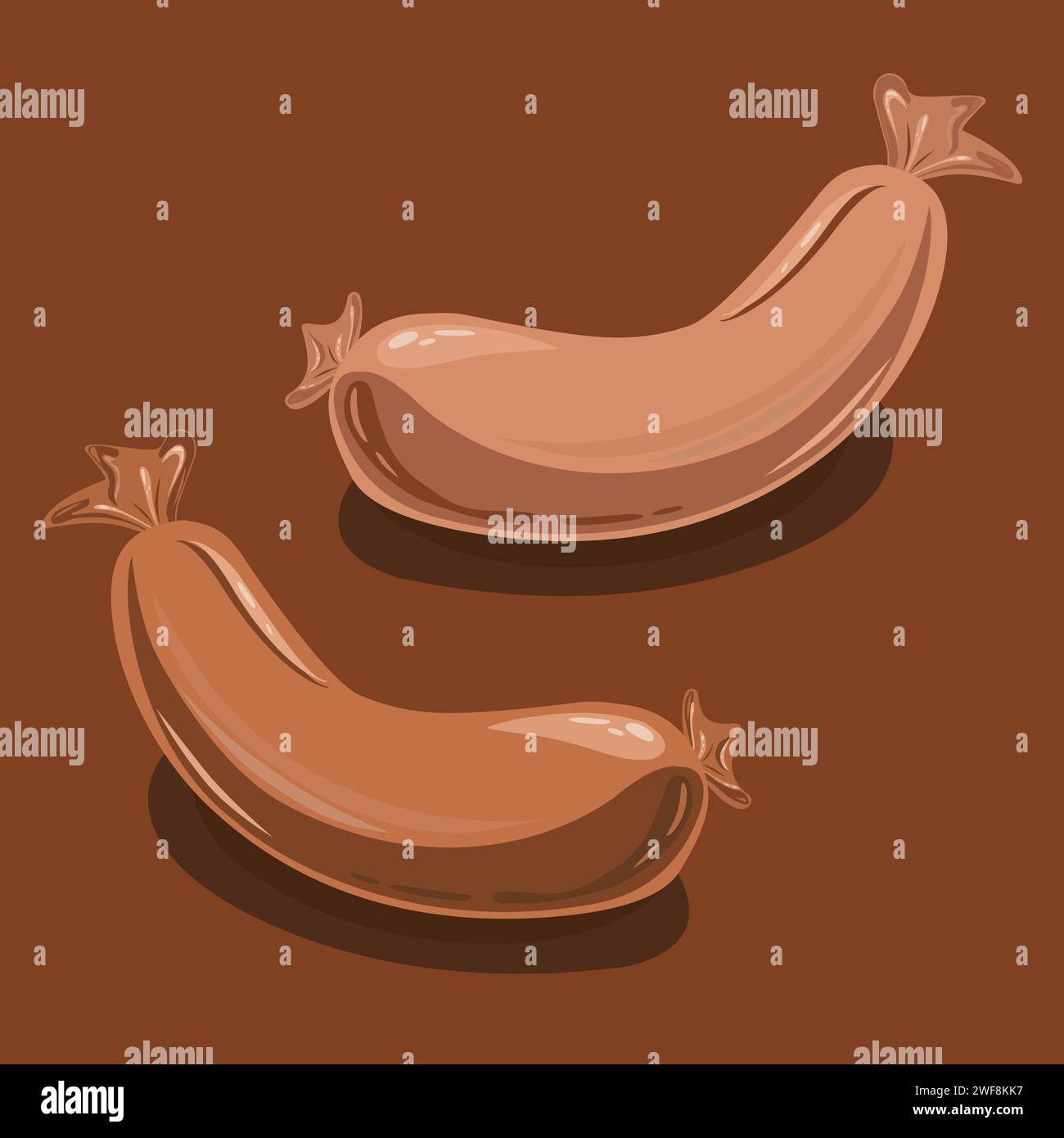 Two brown stylized sausages with tails, with highlights and shadows on dark brown background. Food. Vector Stock Vector