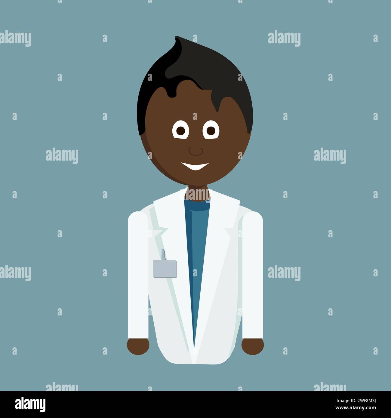 A male African American doctor with dark hair and large eyes, wearing a nametag on a white coat and a blue t-shirt. The figure is waist-length. Vector Stock Vector